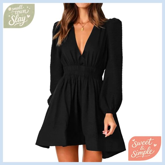 Long Sleeve Mini Dress Deep V Neck A-Line Flowy Casual Wedding Guest
